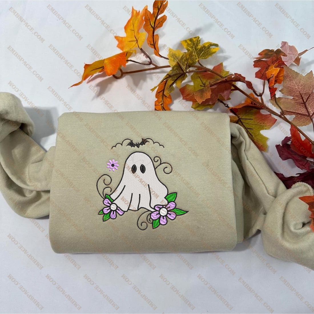 Floral Ghost With Bat Embroidery Sweatshirt, Halloween Embroidery Sweatshirt HLW_M1540