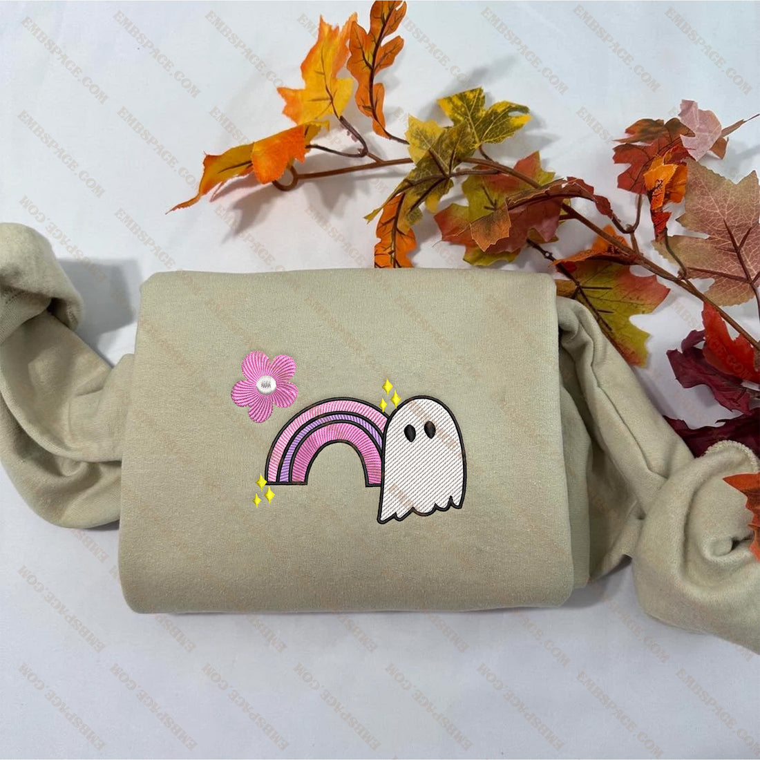 Floral Ghost Rainbow Embroidery Sweatshirt, Halloween Embroidery Sweatshirt HLW_M1550