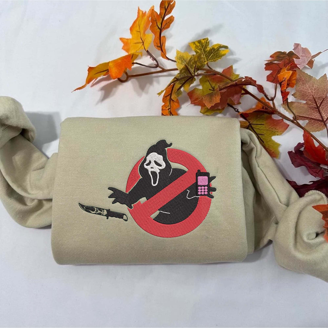 Ghost Carry Phone and Knife Halloween Sweatshirt, Halloween Embroidery Sweatshirt HLW_M1207