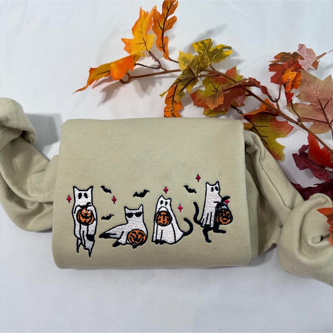 Black Cat Ghost Holding Pumpkin Sweatshirt, Halloween Embroidery Sweatshirt HLW_M359