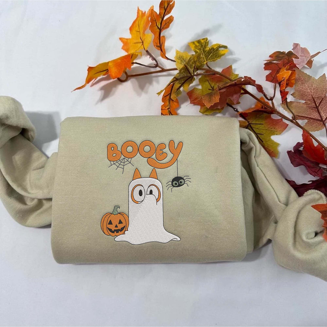 Booey Blue Dog Ghost with Pumpkin Halloween Embroidery Sweatshirt, Halloween Embroidery Sweatshirt HLW_M1359