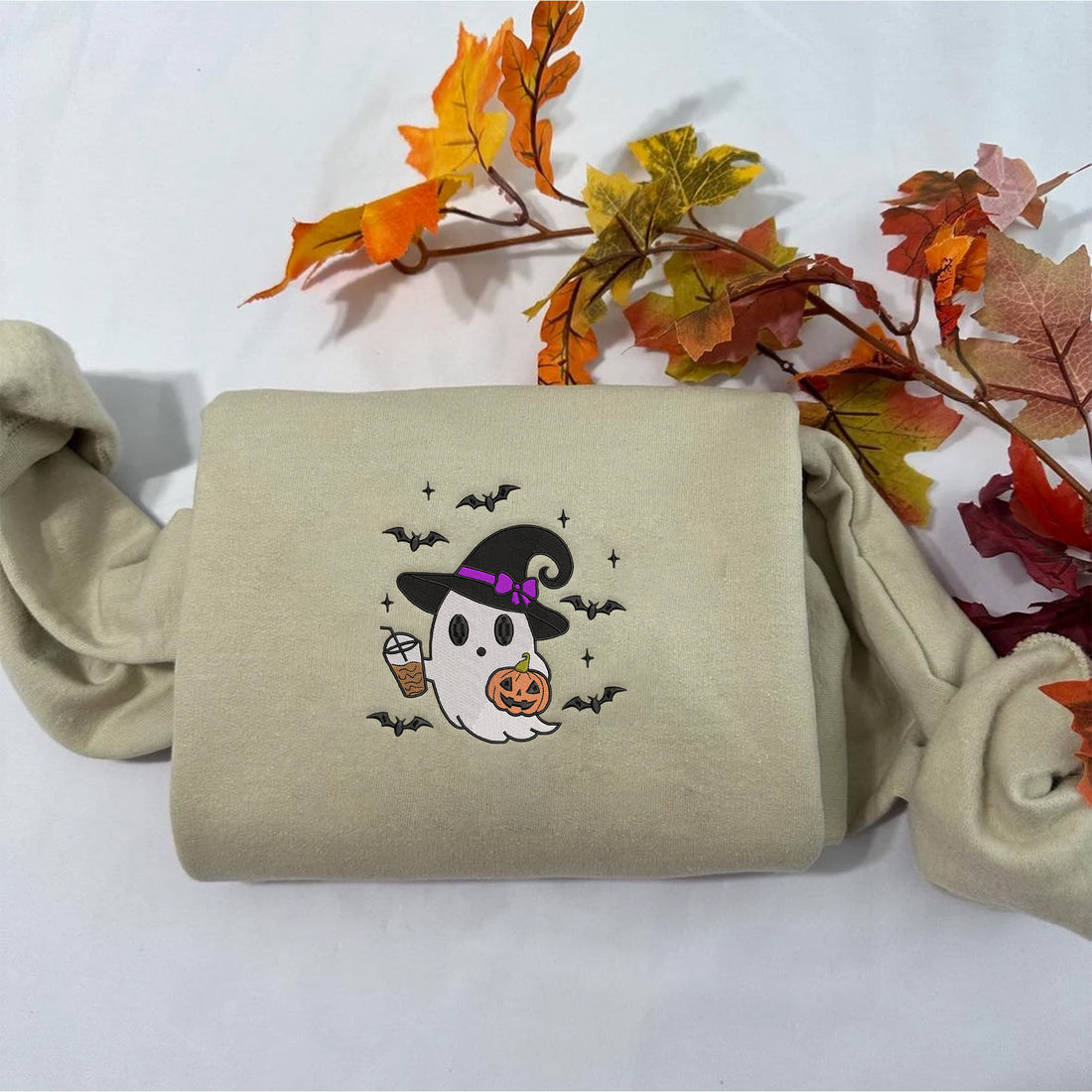 Halloween Cute Ghost Drinking Coffee Sweatshirt, Halloween Embroidery Sweatshirt HLW_M1492