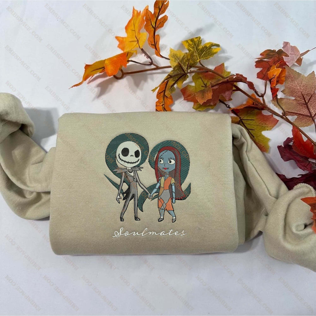 Cartoon Couple Horror SoulMates in The Bad Dream Embroidery Sweatshirt, Halloween Embroidery Sweatshirt HLW_M1937