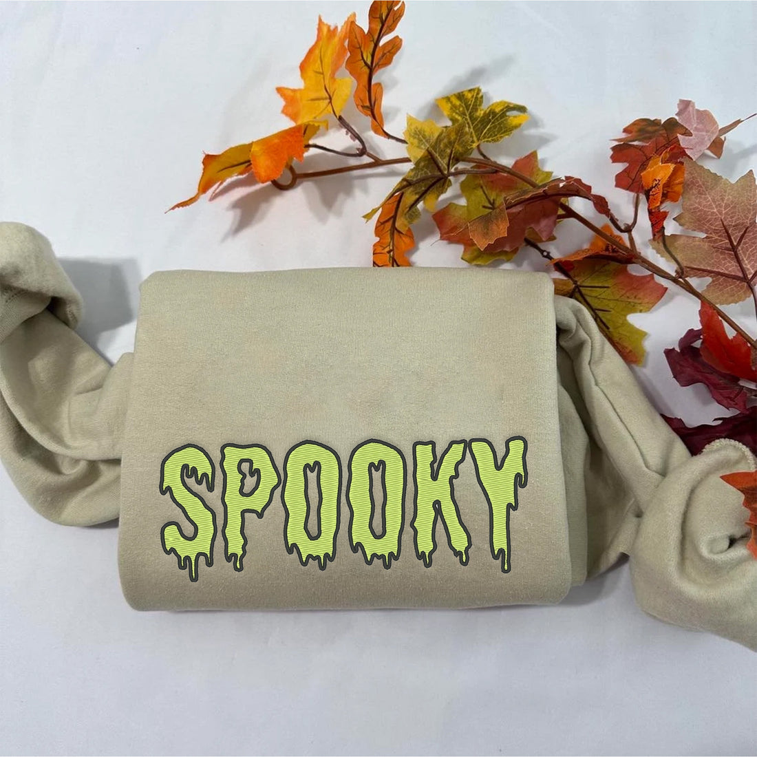 Green Spooky Embroidery Sweatshirt, Halloween Embroidery Sweatshirt HLW_M340