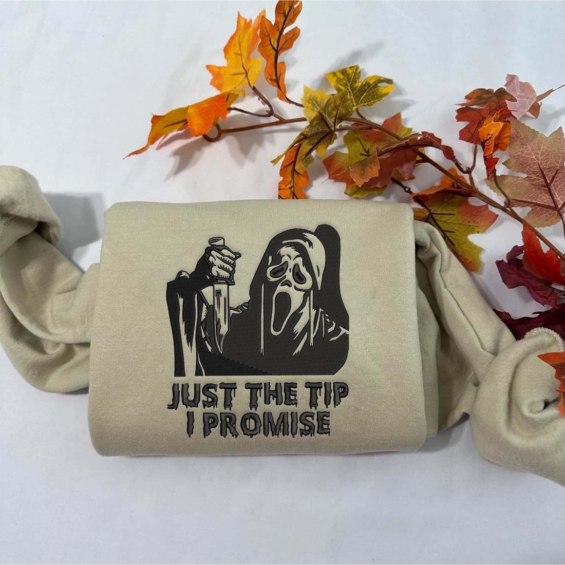 Just The Tip I Promise Sweatshirt, Halloween Embroidery Sweatshirt HLW_M618