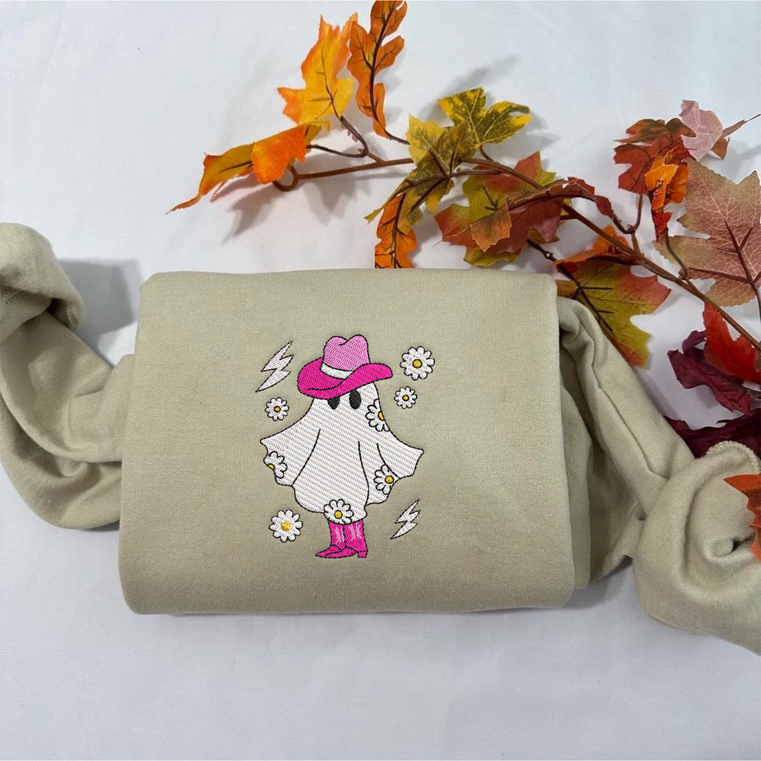 Cowboy Pink Ghost with Flowers Halloween Embroidery Sweatshirt, Halloween Embroidery Sweatshirt HLW_M1227