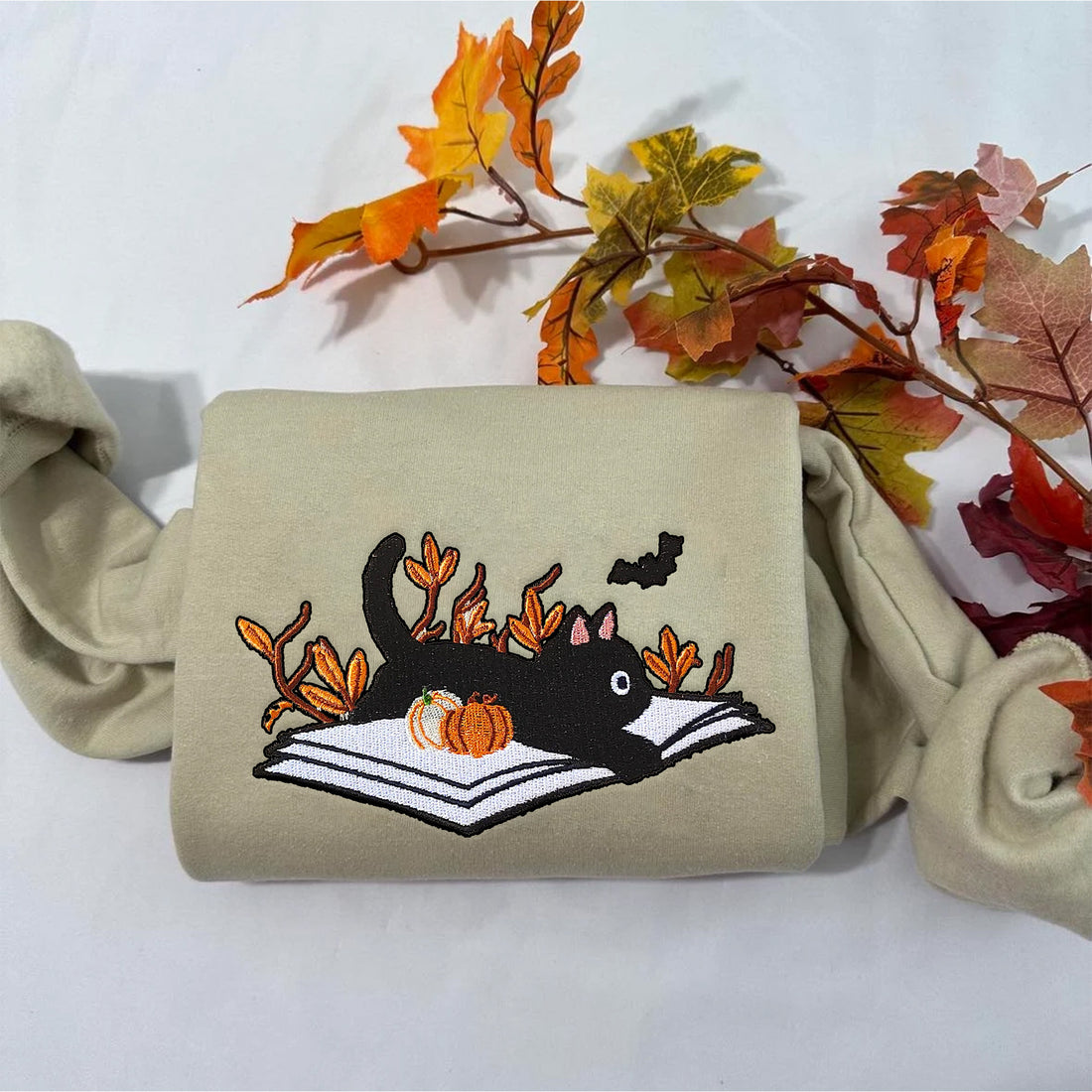 Cat in Book Halloween Sweatshirt, Halloween Embroidery Sweatshirt HLW_M350