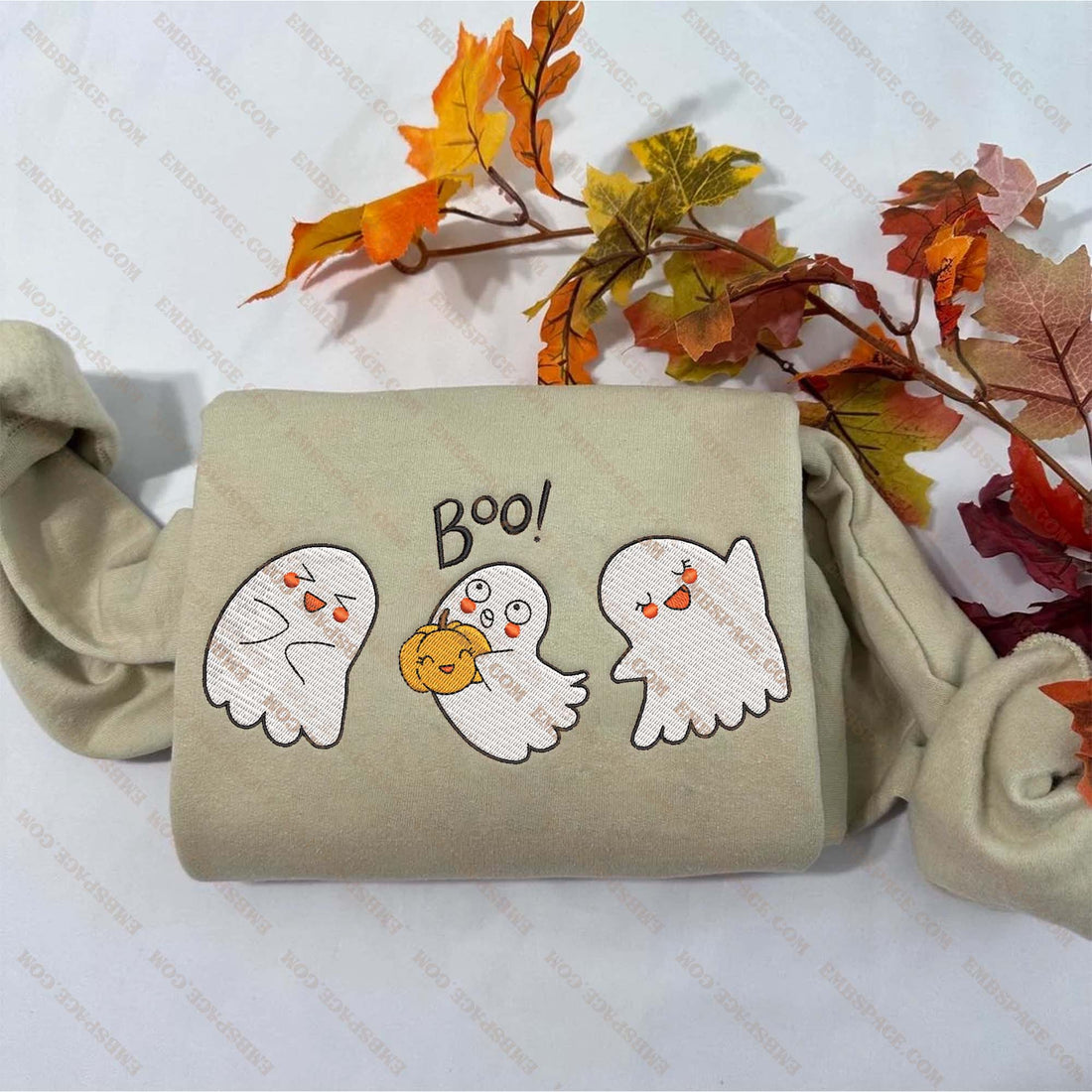 Funny Happy Boo Ghost Embroidery Sweatshirt, Halloween Embroidery Sweatshirt HLW_M1584