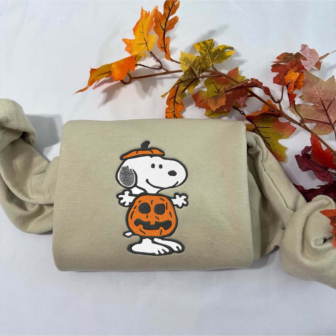White Dog with Pumpkin Sweatshirt, Halloween Embroidery Sweatshirt HLW_M524
