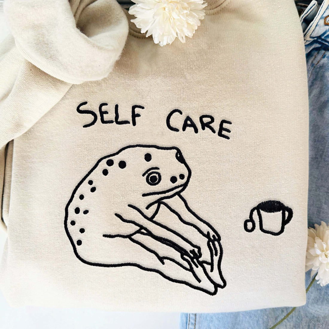 Embroidered Funny Frog Self Care Sweatshirt, Funny Retro Embroidered Shirt FU_M15