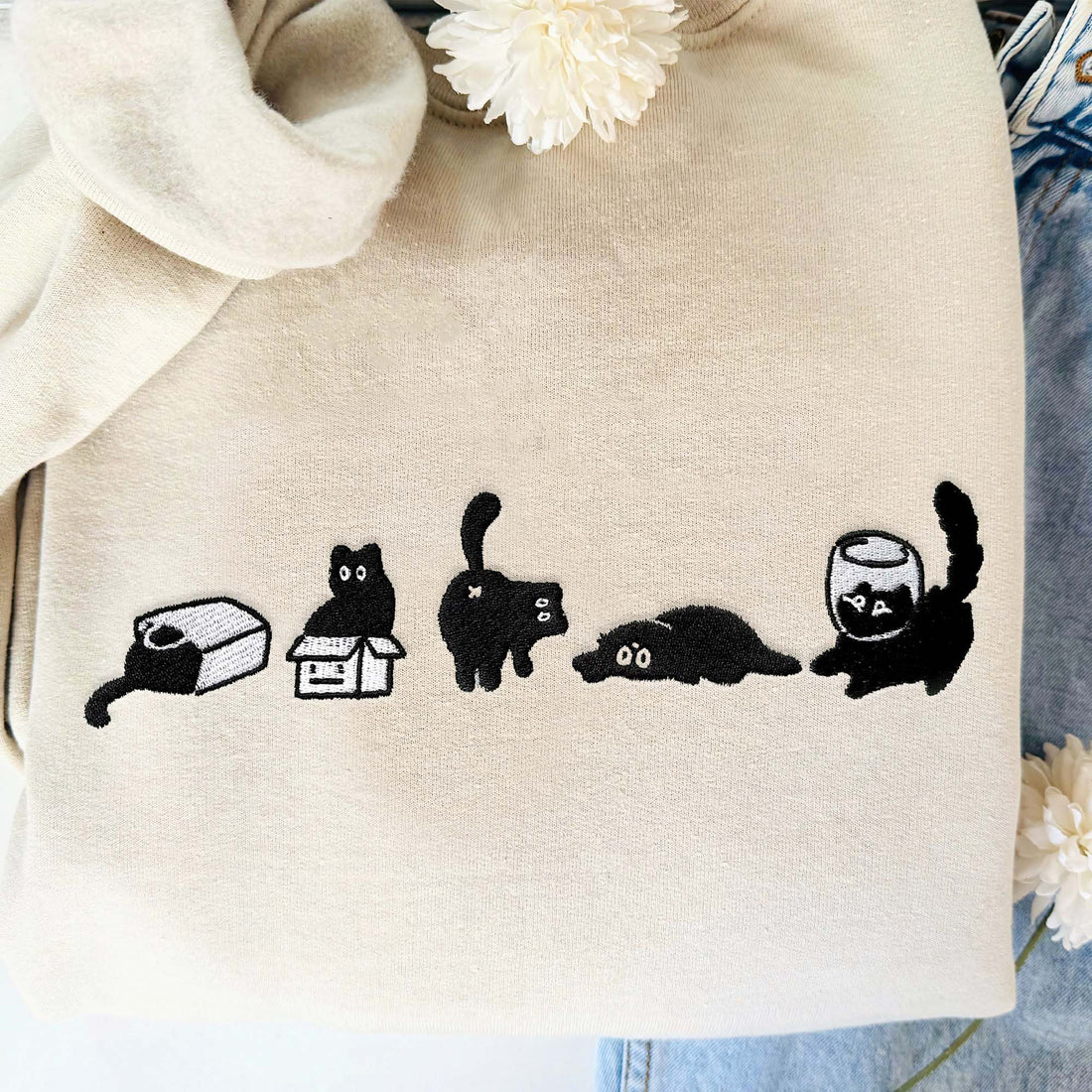Lovely Black Cat Embroidered Sweatshirt,Embroidered Cat Shirt P_M33