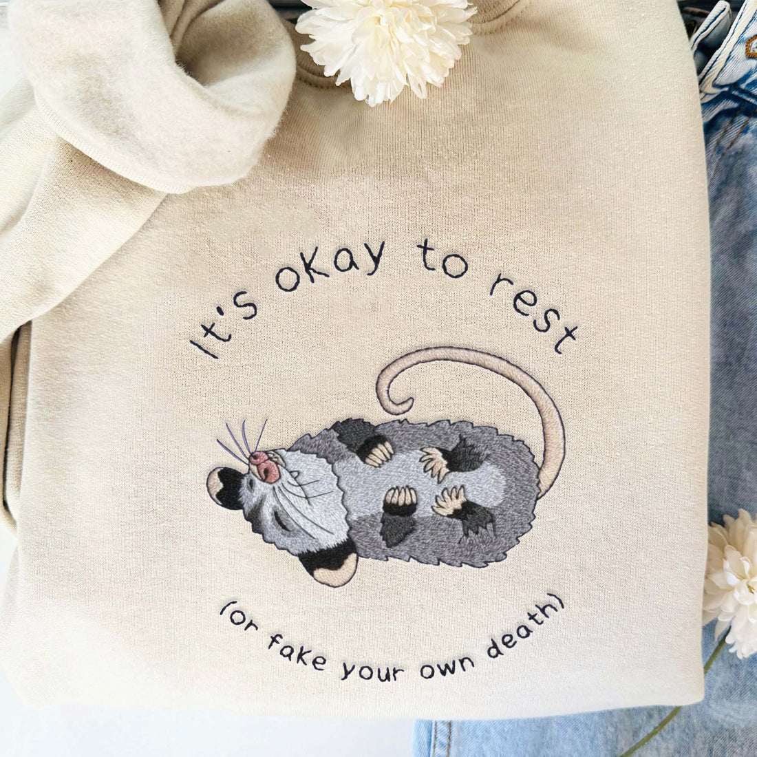 Playing Dead Opossum Hand Embroidery Shirt, Anxious Cute Opossum Funny Meme FU_M21
