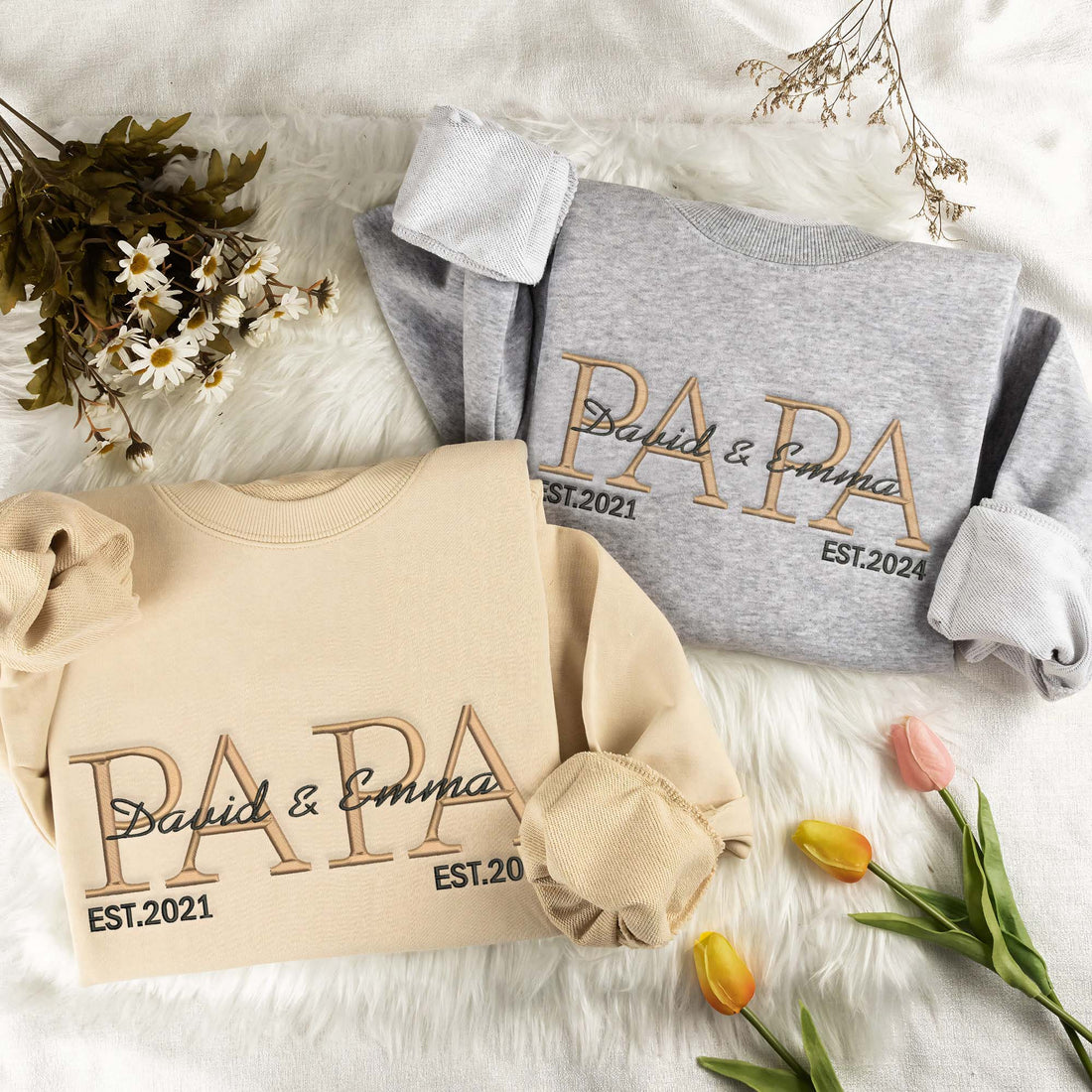 Custom Embroidered Papa And Kids Names Shirt, Daddy Est Year Sweatshirt F_M16
