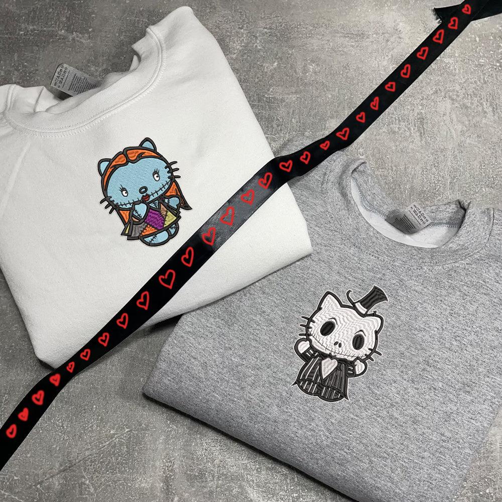 Custom Cartoon Halloween Kitten Couples Sweatshirt, Couple Embroidery Sweatshirt CM_C25