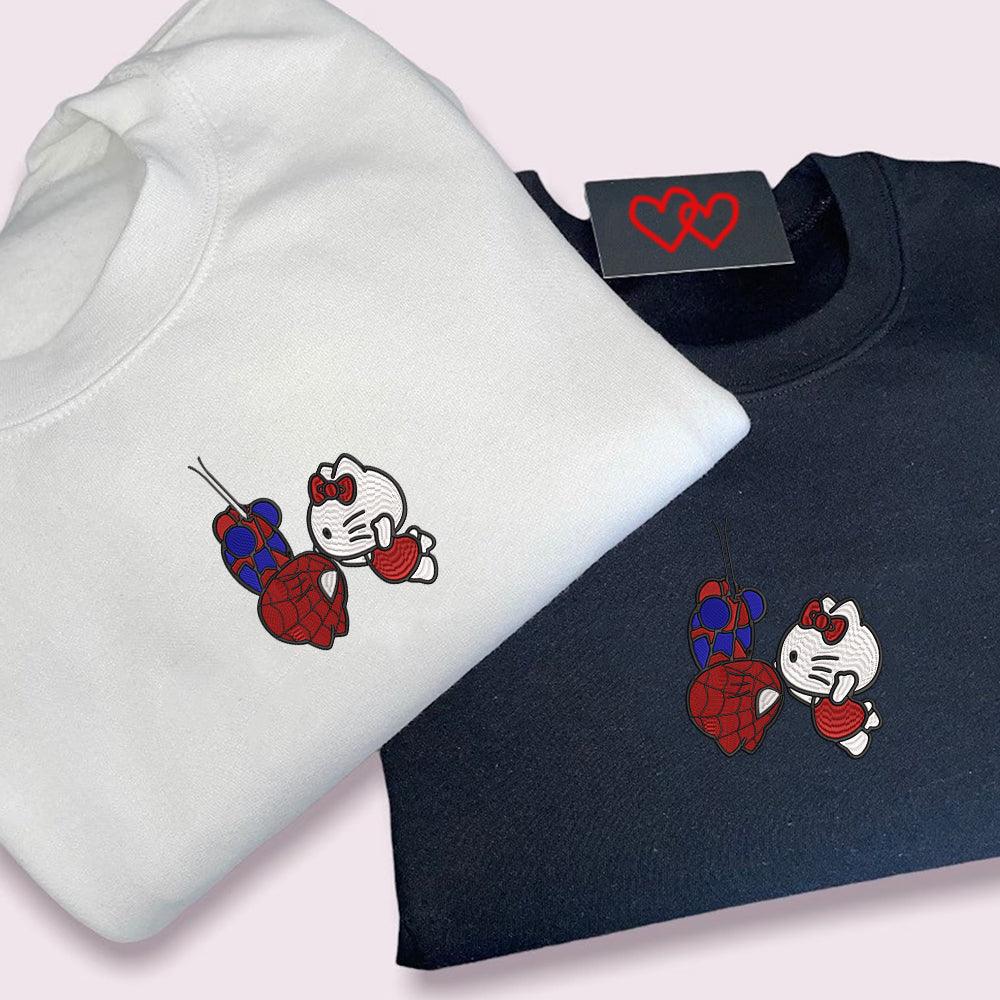 Custom Cartoon Spider and Kitten Couples Sweatshirt, Couple Embroidery Sweatshirt CM_C32
