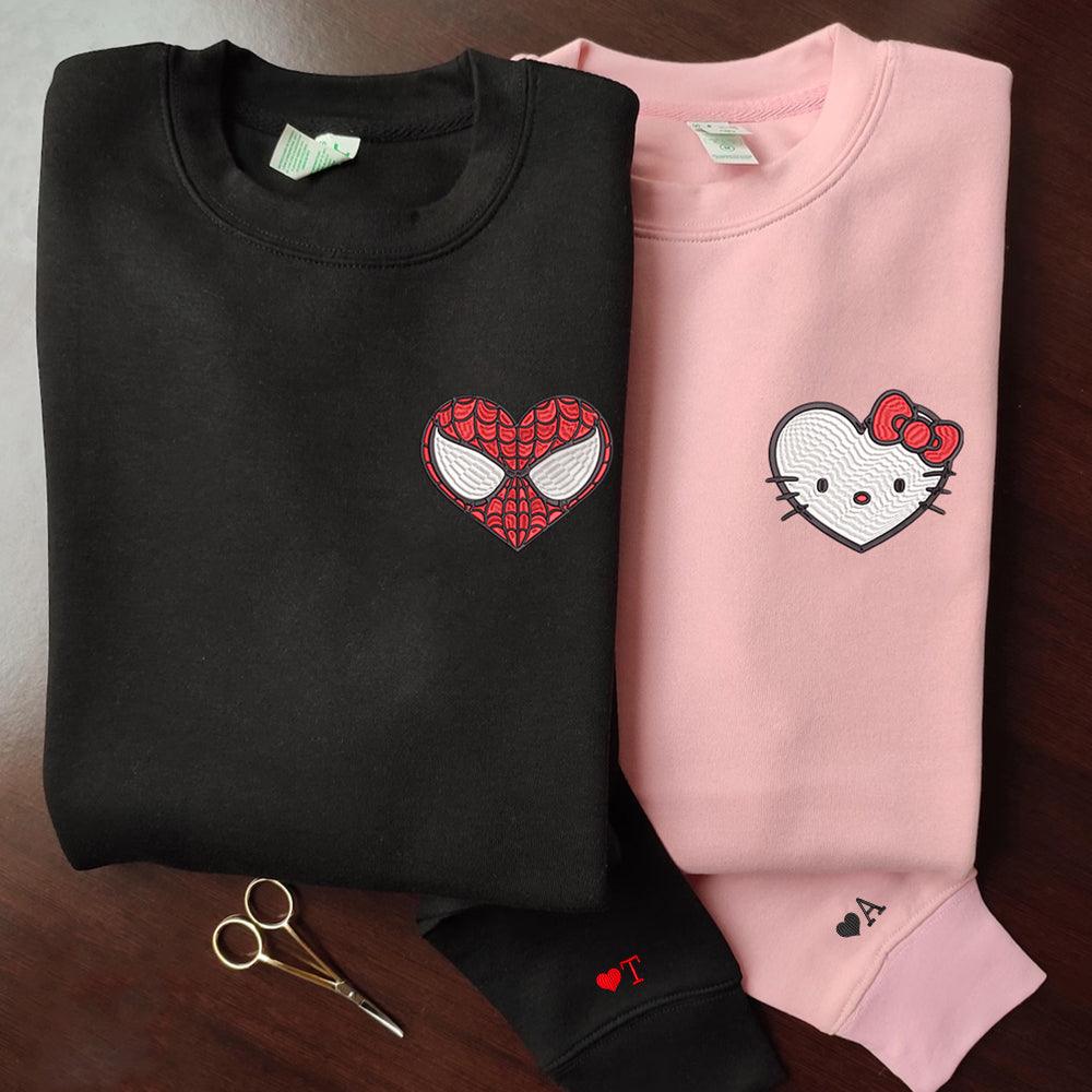 Custom Cartoon Spider x Cat Couples Sweatshirt, Couple Embroidery Sweatshirt CM_C33