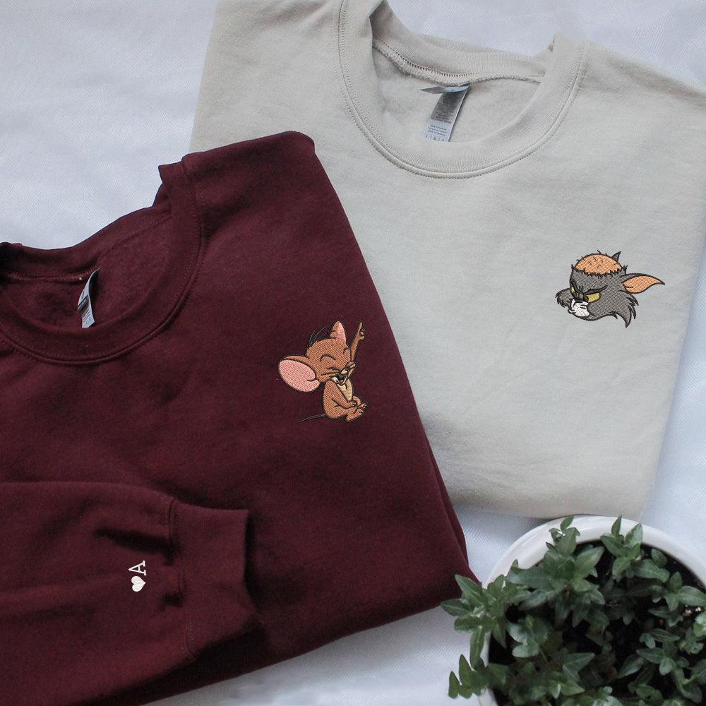 Custom Cartoon Tom Cat Mouses Couples Sweatshirt, Couple Embroidery Sweatshirt CM_C35