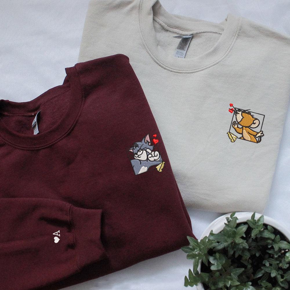 Custom Cute Mouses Couples Sweatshirt, Couple Embroidery Sweatshirt CM_C58