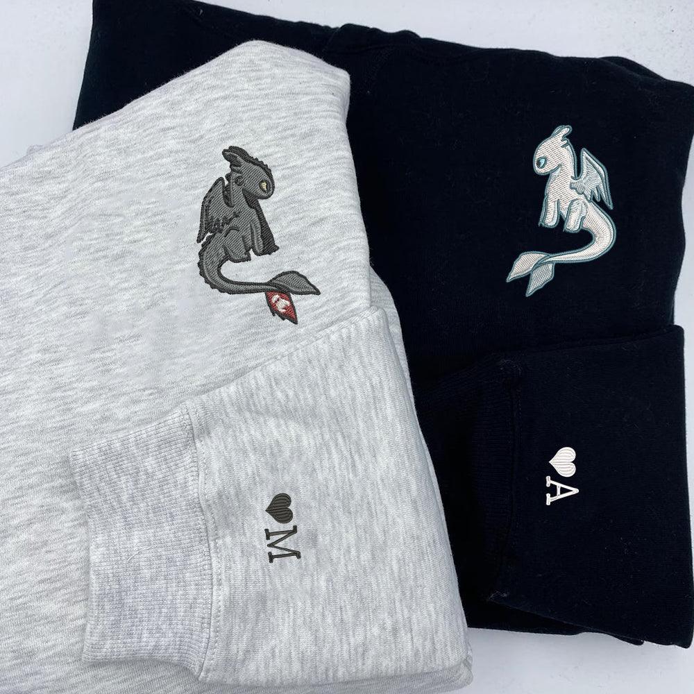 Custom Cartoon Toothless x Light Fury Couples Sweatshirt, Couple Embroidery Sweatshirt CM_C36