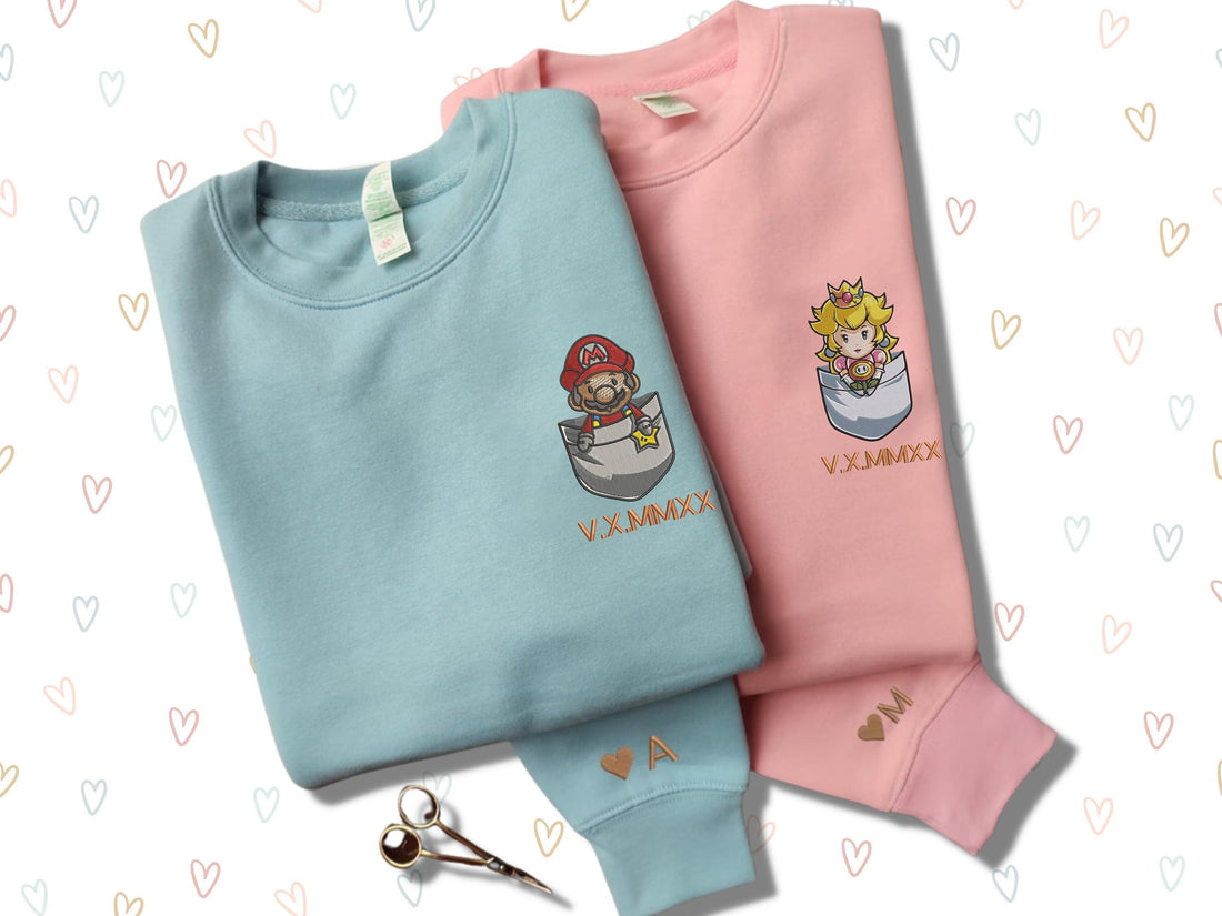 Custom Plumber Hero x Princesss Couples Roman Numeral Date Sweatshirt, Couple Embroidery Sweatshirt CM_C18