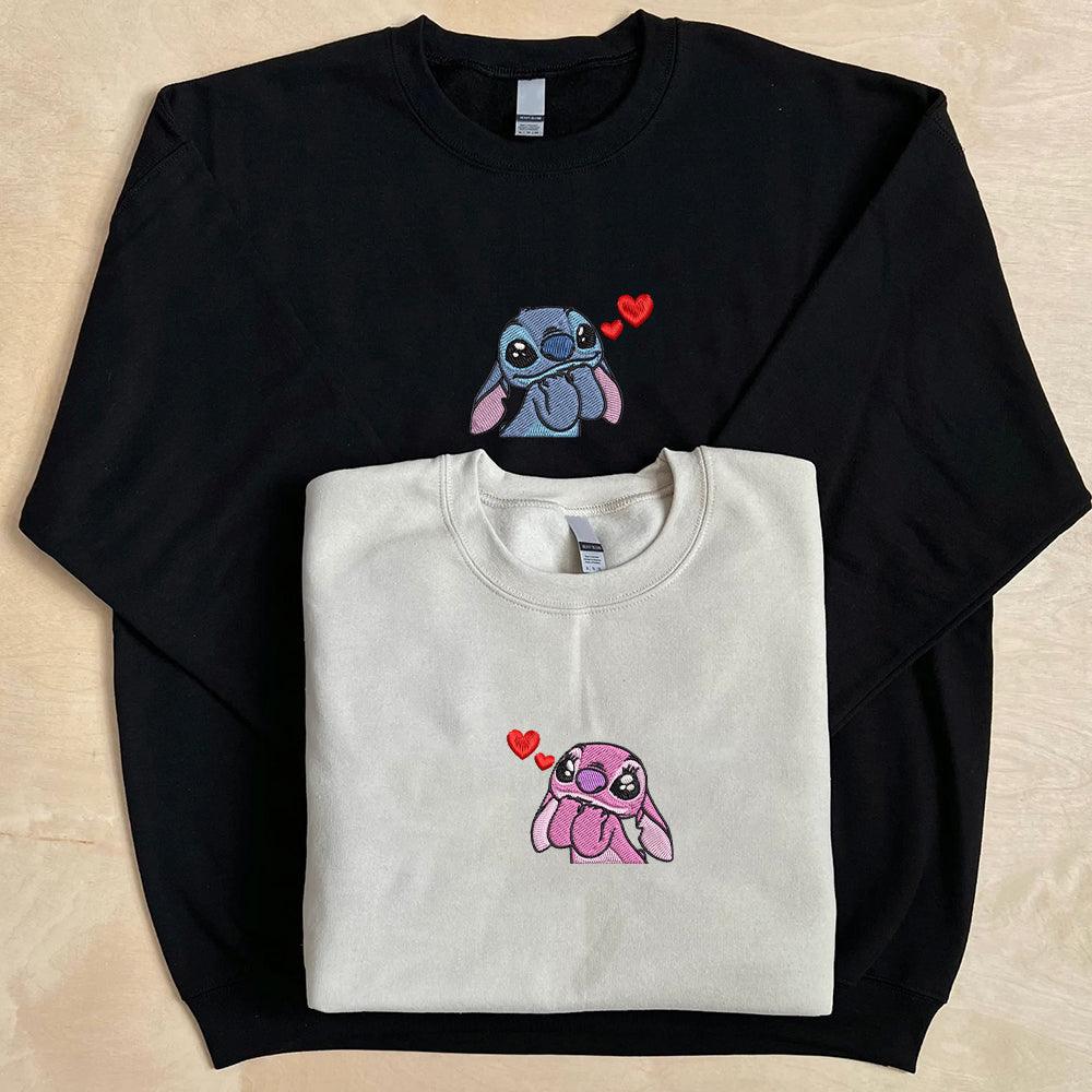 Custom Cute Blue Alien and Pink Angel Couples Sweatshirt, Couple Embroidery Sweatshirt CM_C71